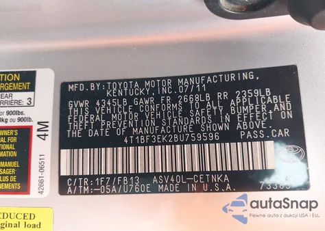 2011 Toyota Camry Le from USA, damaged, VIN 4T1BF3EK2BU759596